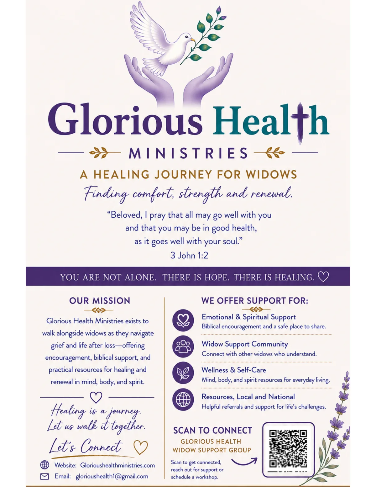 Glorious Health Ministries flyer: A Healing Journey for Widows. Lists our mission and support offerings, with a QR code, address, and website to connect with the widow support group.
